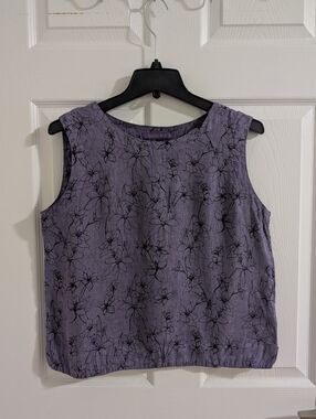 Cut Loose 100% Linen Floral Tank Top Purple Lagenlook Boho Minimalist XS